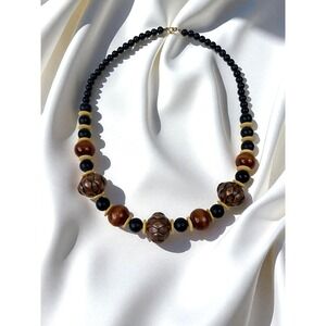 Vintage Chunky Artisanal Beaded Necklace Brown Black Carved Wood Tribal 23 Inch